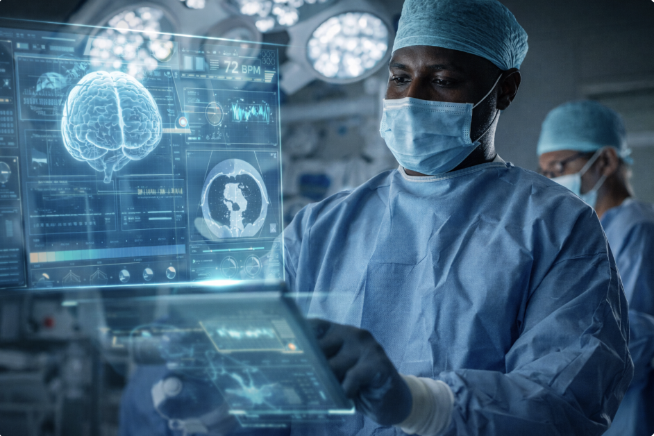 Surgeon in blue scrubs, cap, and mask viewing a holographic brain display in an operating room.